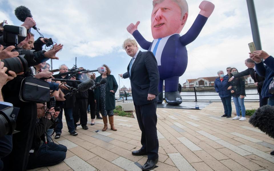 PM Boris Johnson in Hartlepool with inflatable model of himself - JULIAN SIMMONDS