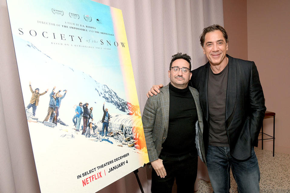(L-R) J.A. Bayona and Javier Bardem attend Netflix's "Society of the Snow"