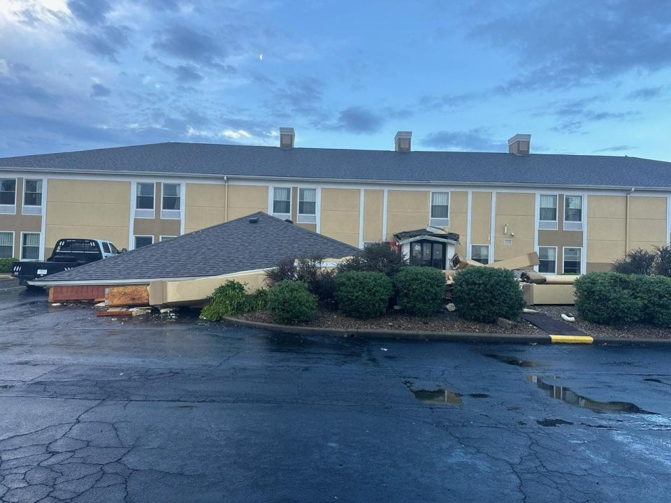 The Super 8 motel near U.S. 41 and Interstate 64 was damaged by severe winds early Tuesday, in this photo shared by Indiana State Police Sgt. Todd Ringle.