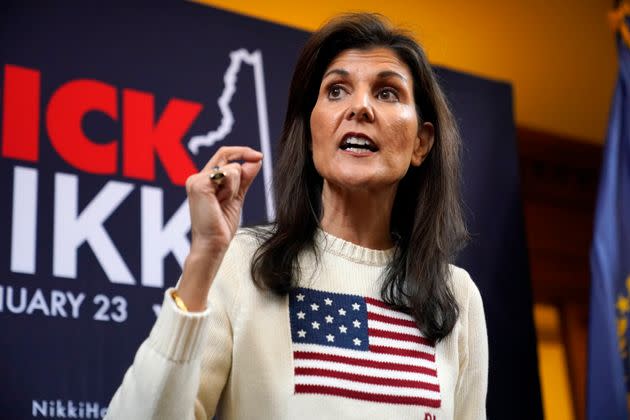 Nikki Haley speaks to reporters after a campaign stop at the Monadnock Center for History & Culture on Saturday.