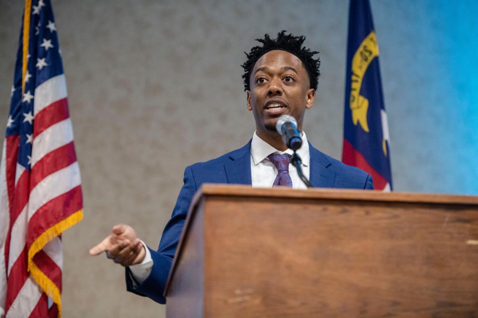 Keynote speaker and Fletcher Mayor Preston Blakely addresses attendees of the Martin Luther King Jr. Prayer Breakfast at the Crowne Plaza in Asheville January 14, 2023.