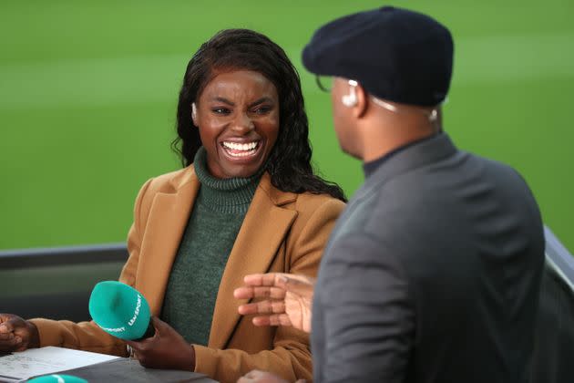 ITV pundit Eni Aluko laughs as she speaks with Ian Wright earlier this year.