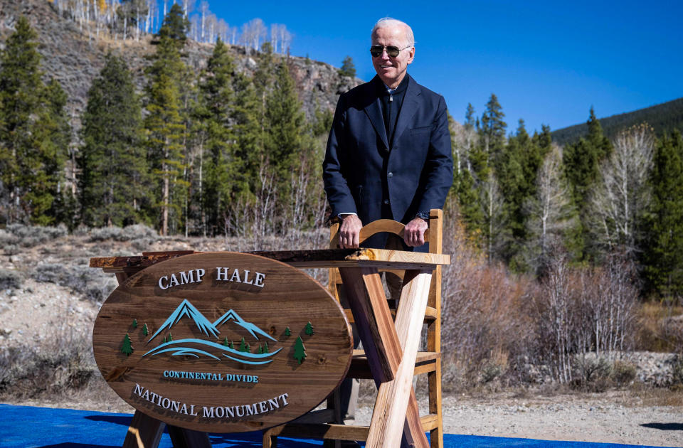 Image: President Joe Biden prepares to designate Camp Hale as a National Monument, at Camp Hale near Leadville, Colo., on Oct. 12, 2022. (Saul Loeb / AFP - Getty Images)