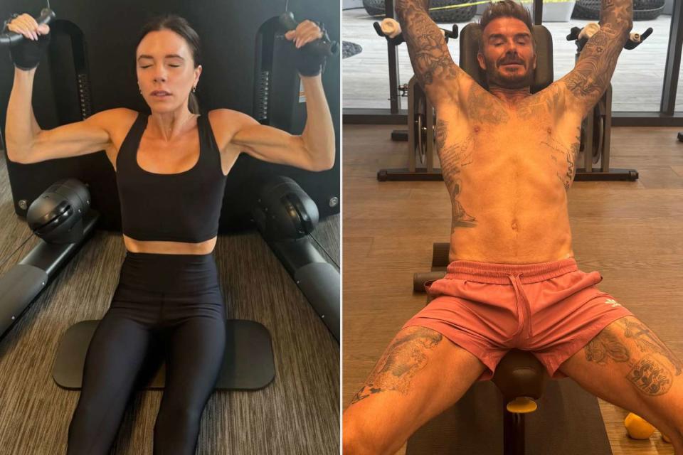 <p>Victoria Beckham/Instagram</p> Victoria Beckham and David Beckham at the gym.