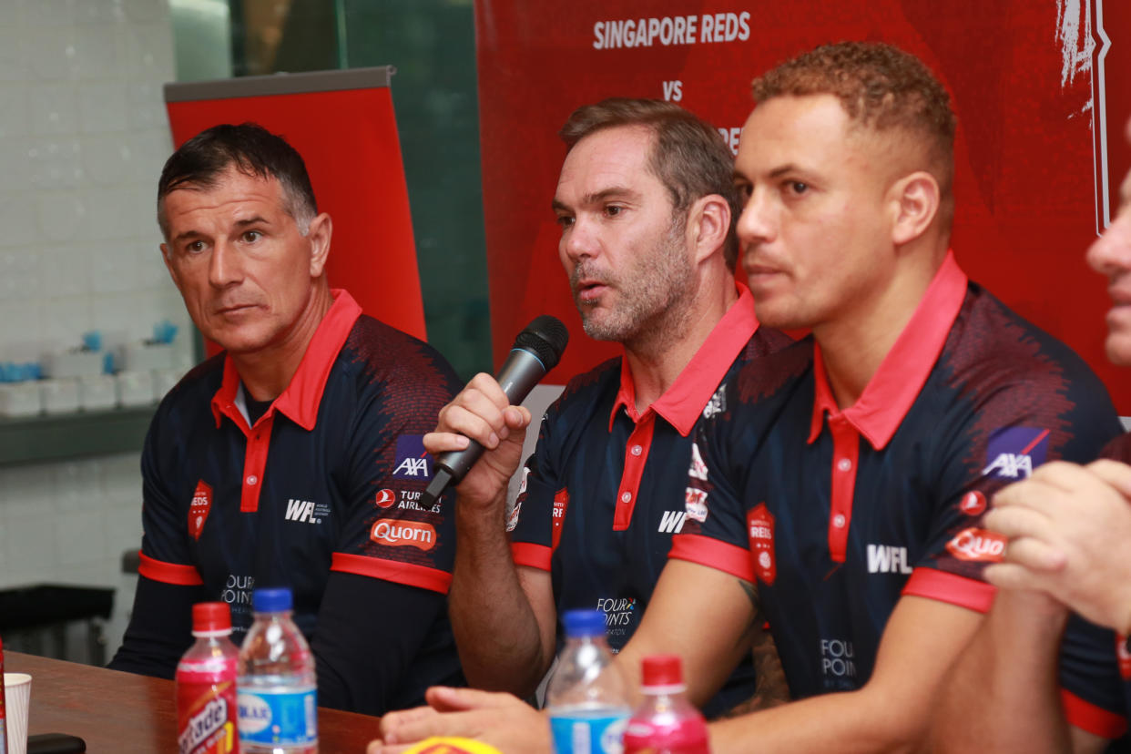 (From left) Singapore Reds' Aleksandar Duric, Liverpool Reds' Jason McAteer and Manchester Reds' Wes Brown at the Battle of the Reds media conference. (PHOTO: World Football Legends)