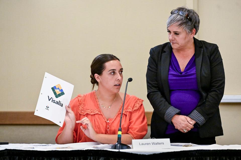 The City Logo Redesign Committee members Lauren Walters, left, and Carrie Groover discuss logo design submissions Monday, July 8, 2024