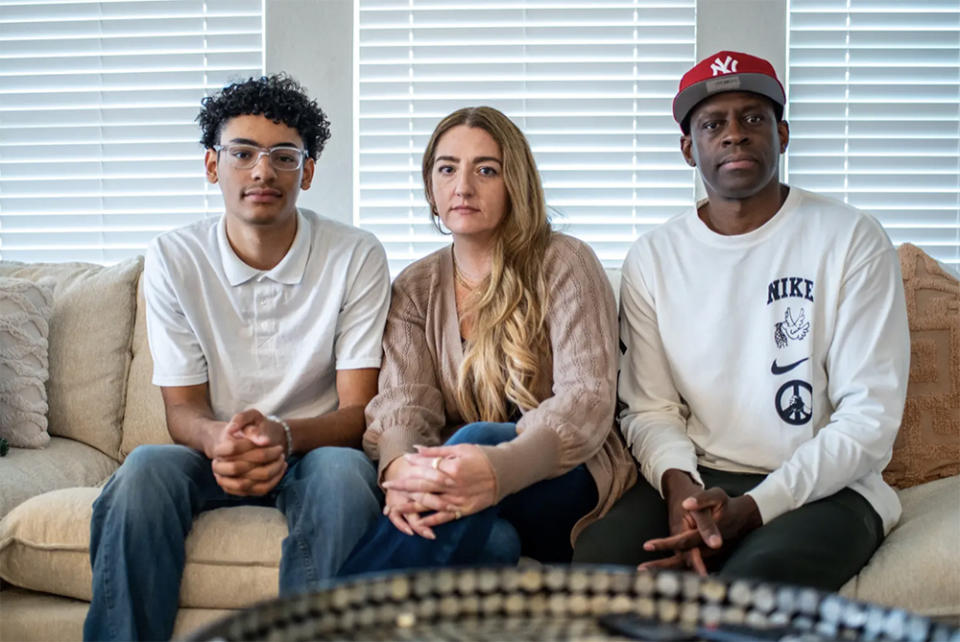 Myles Leon and his parents, Amy and Oveimar, in their home near Bulverde on Dec. 3. “Obviously he shouldn’t be doing this on school grounds, but shoot, this is intense,” his mother said of the potential felony charge. “If he was rolling a joint in the school, it would have been a lot better.” (Sergio Flores/The Texas Tribune)