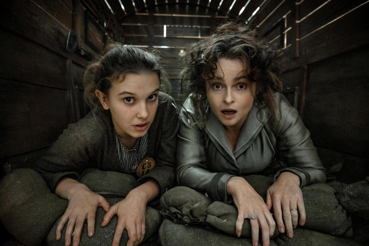 Millie Bobby Brown as Enola Holmes and Helena Bonham Carter as Eudoria Holmes (Alex Bailey / Netflix)