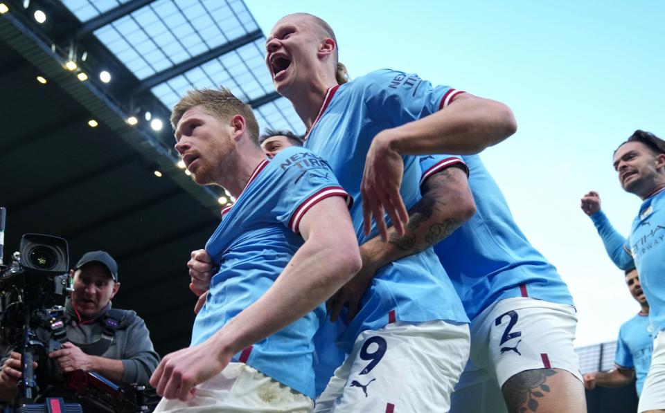 Kevin De Bruyne (left) was at his brilliant best at the Etihad Stadium, as was the monstrous Erling Haaland - Getty Images/Lexy Ilsley