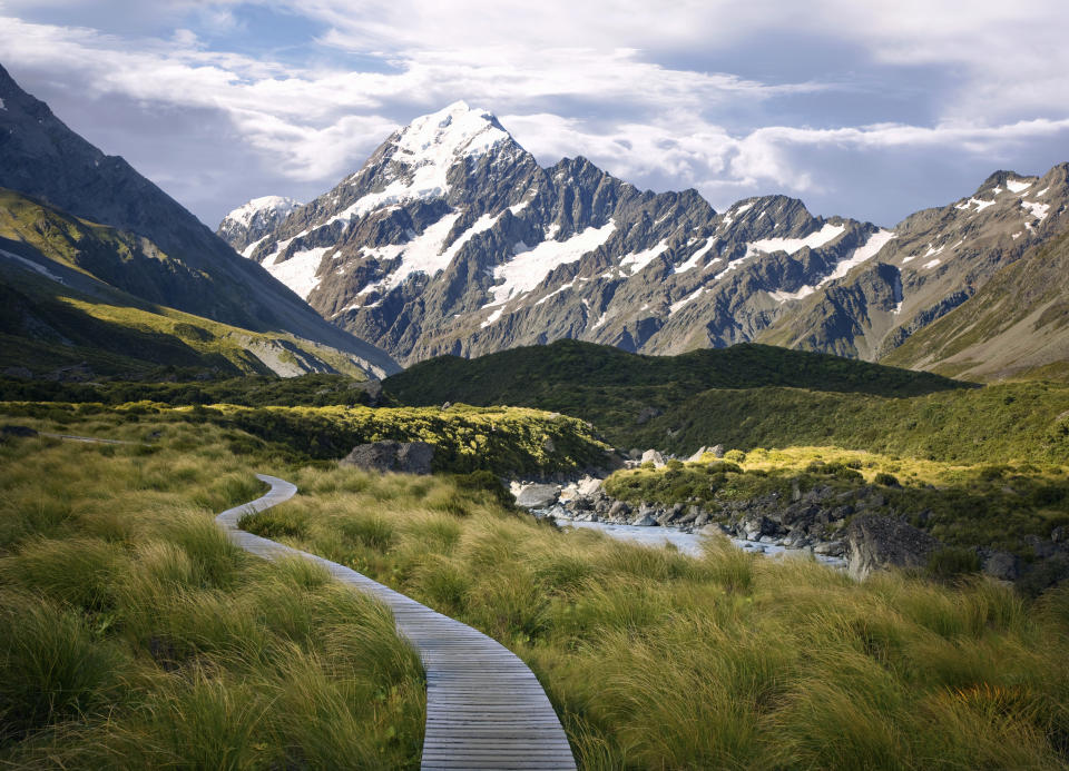 Section of the foot trail leading to the base of Mt. Cook (the tallest mountain in New Zealand), Aoraki/Mt. Cook National Park.