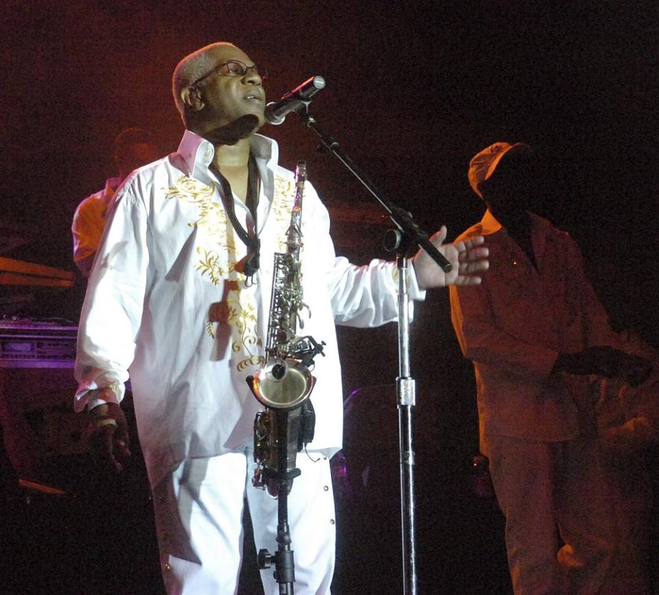 In this Aug. 3, 2008 file photo, Dennis Thomas performs with the band “Kool & the Gang” in concert in Bethlehem, Pa. (Joe Gill/The Express-Times via AP)