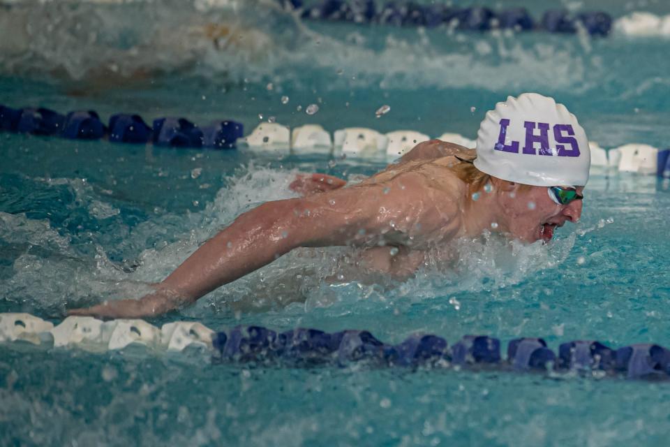 Lakeview's Nathan Pawlowicz competes in the 200 Yard IM at the All-City Swimming and Diving meet hosted at Harper Creek High School on January 15, 2022.