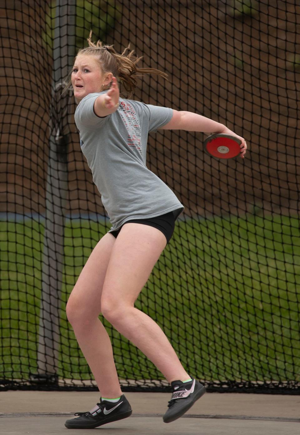 Madison Geise of Roland-Story competes in the 2A girls discus during the 2022 Iowa high school track and field state championships at Drake Stadium in Des Moines Friday, May 20, 2022.