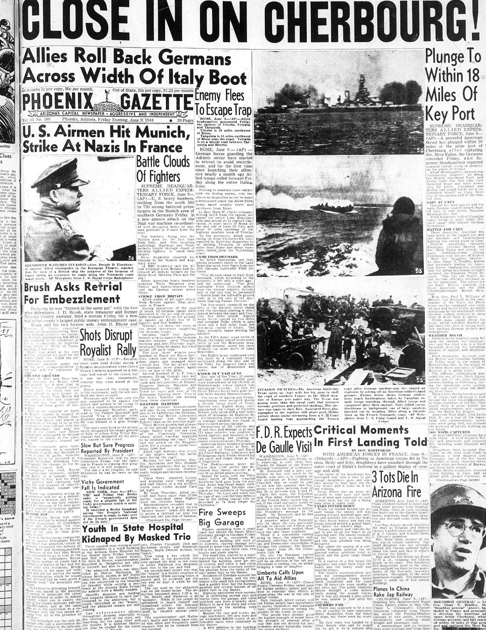 The front page of the Phoenix Gazette from June 9, 1944.