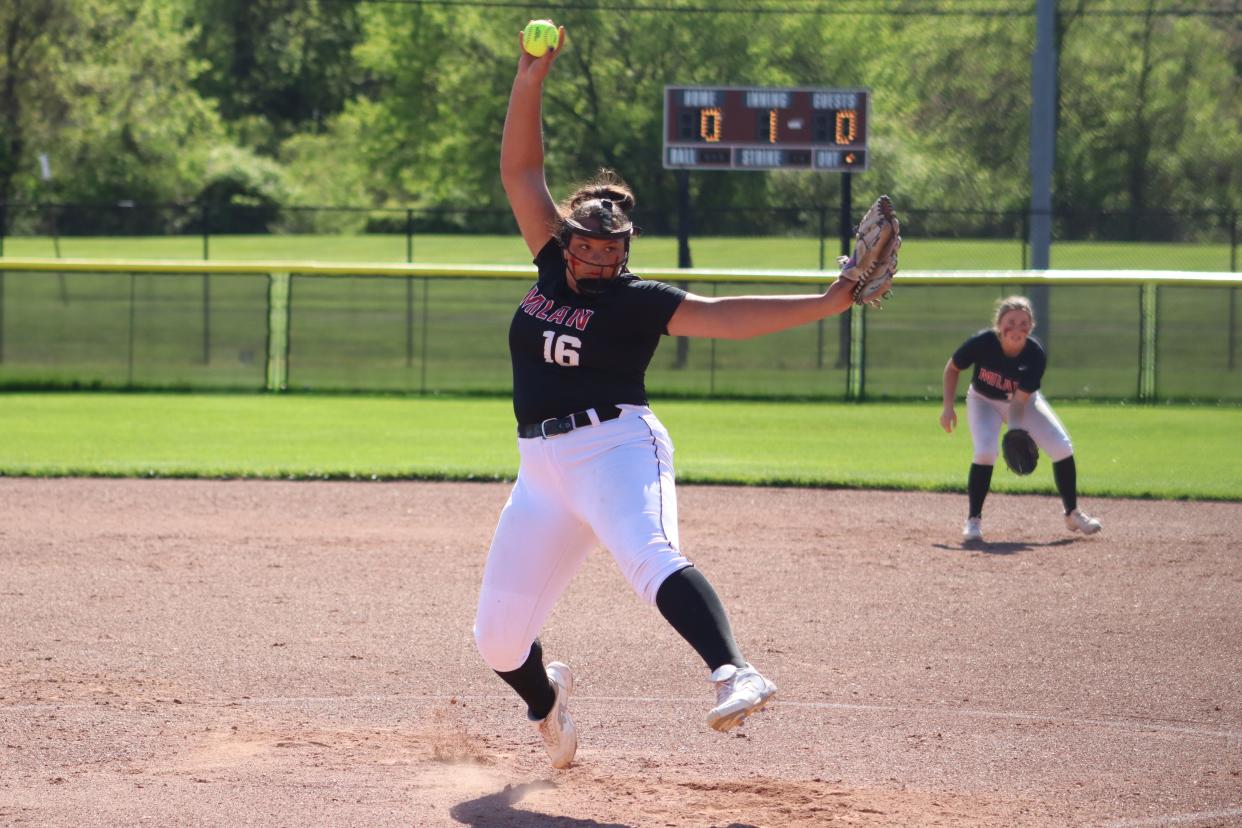 Milan's Mariah Stines pitches against Flat Rock on Wednesday, May 8, 2024.
