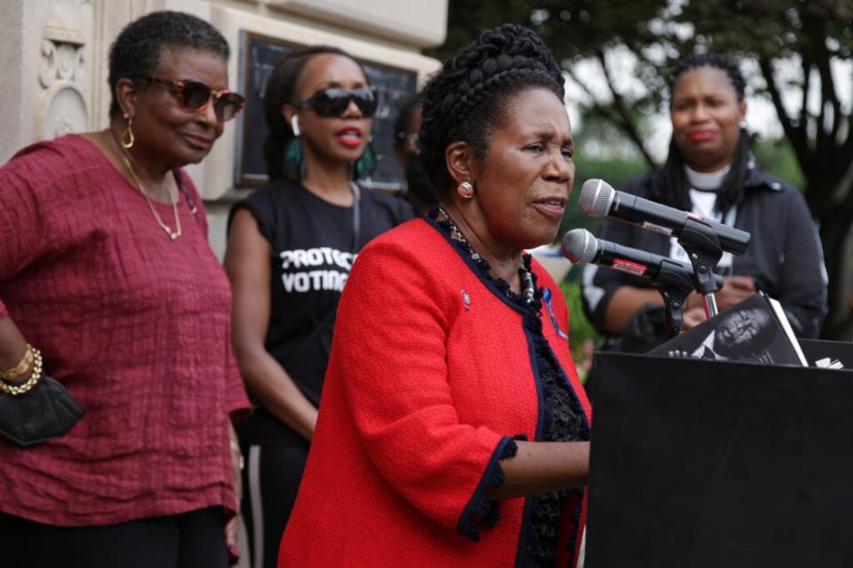 WASHINGTON, DC – JULY 29: U.S. Rep. Sheila Jackson Lee (D-TX) (3rd L) speaks as Cora Masters Barry (L), wife of the late D.C. Mayor Marion Barry, looks on during a protest on Capitol Hill July 29, 2021 in Washington, DC. (Photo by Alex Wong/Getty Images)