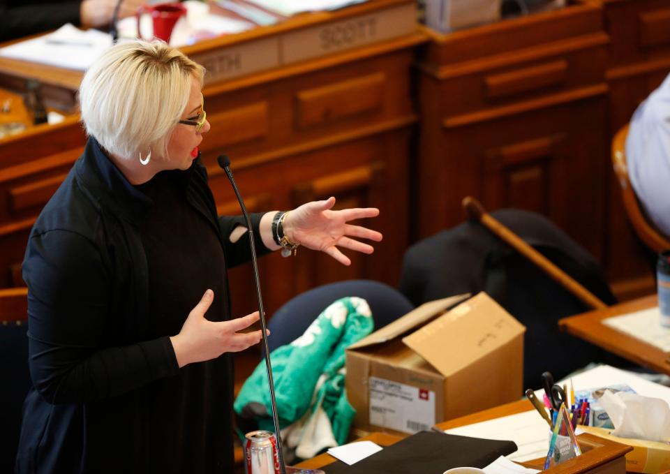 Iowa state Rep. Liz Bennett speaks on the floor of the Iowa House on May 1, 2018.