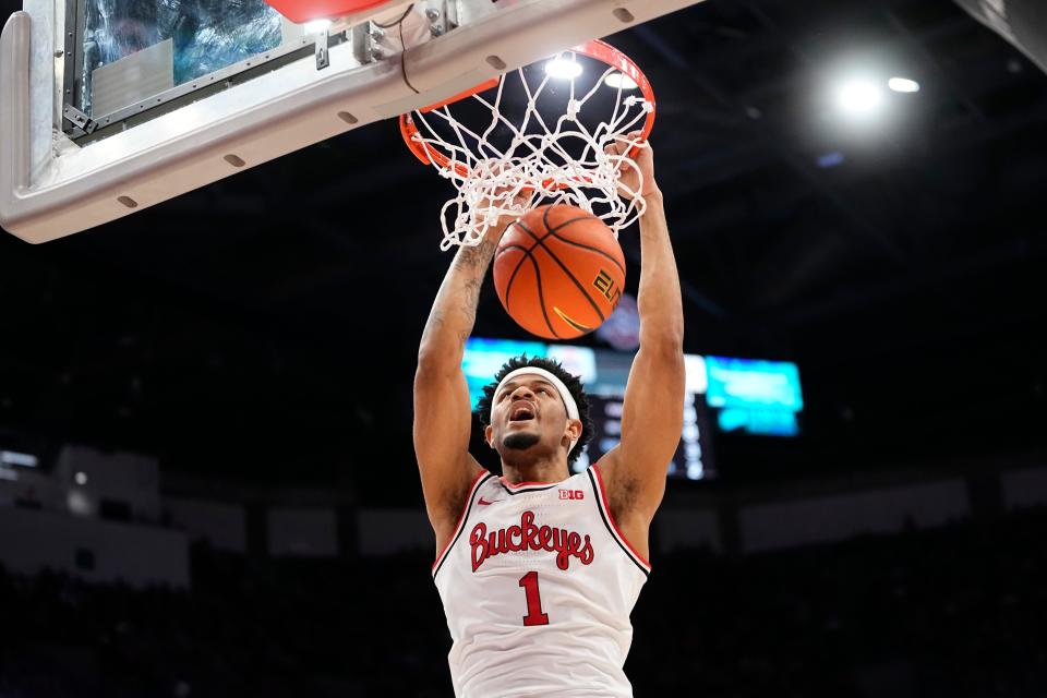 Ohio State guard Roddy Gayle Jr. dunks against Purdue on Sunday.