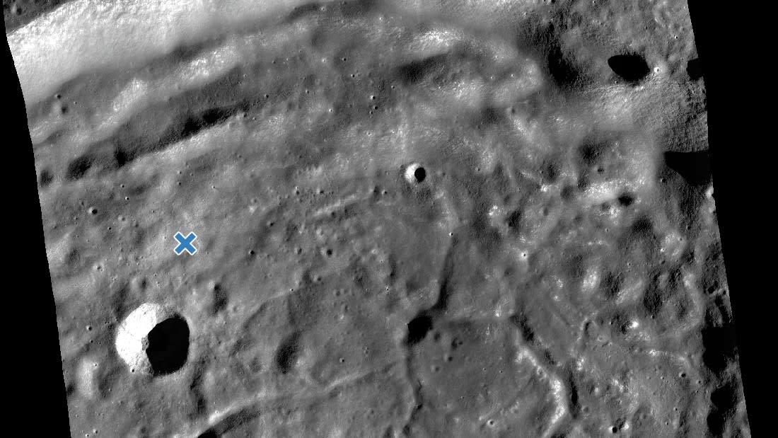  A Lunar Reconnaissance Orbiter image of the crash site of Japan's Hakuto-R lander, marked with an X 