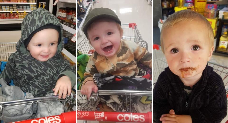 Landyn Pass sits inside shopping trolley at Coles supermarket.