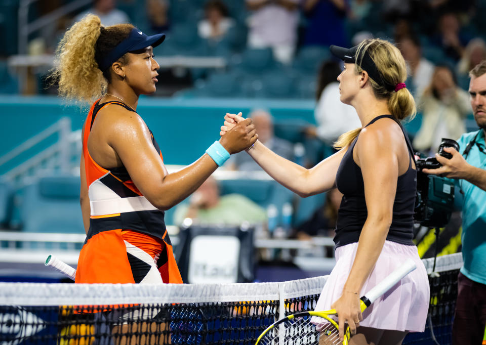 Naomi Osaka (pictured left) shakes hands with Danielle Collins (pictured right) after their Miami Open match.