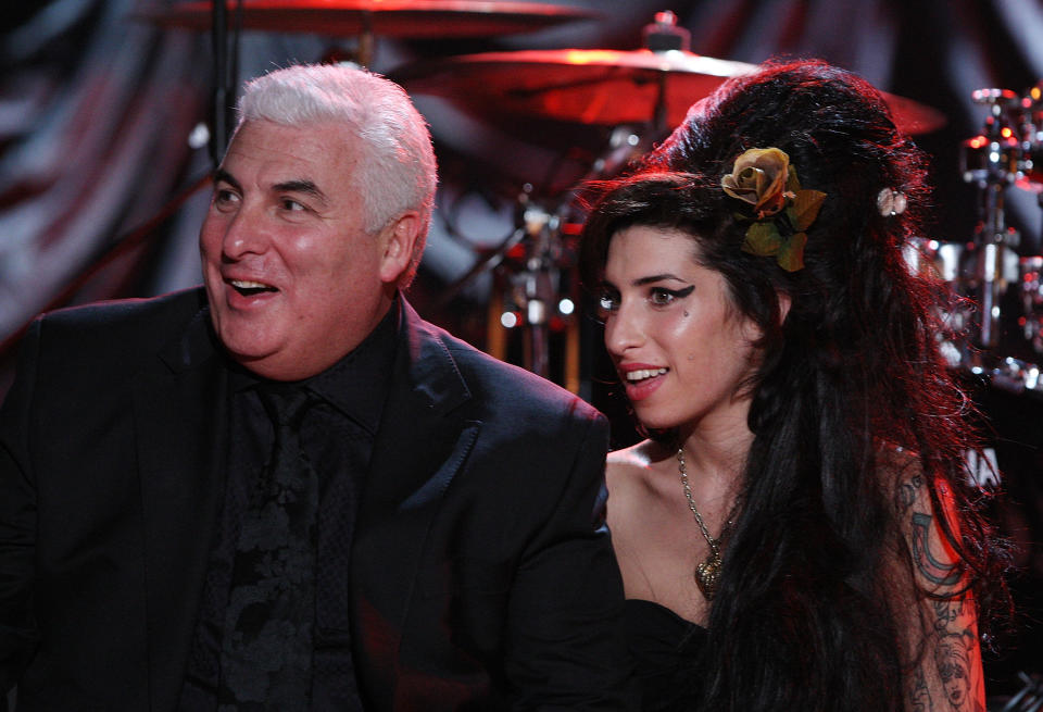 LONDON - FEBRUARY 10:  British singer Amy Winehouse sits with her father Mitch as they await news of her Grammy Award at The Riverside Studios for the 50th Grammy Awards ceremony on February 10, 2008 in London, England. Winehouse won 5 out of her 6 nominations including, record of the year, best new artist, song of the year, pop vocal album and female pop vocal performance.  (Photo by Peter Macdiarmid/Getty Images for NARAS)
