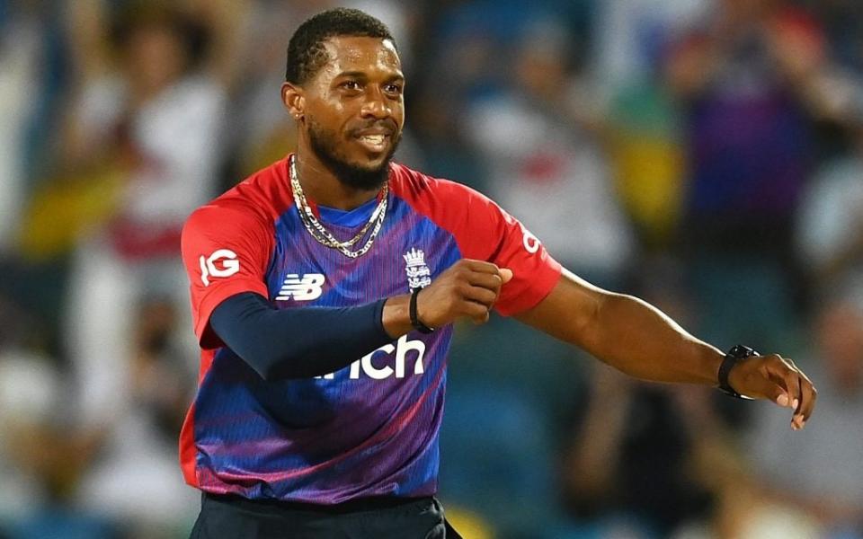 Chris Jordan of England celebrates the wicket of Fabian Allen of West Indies during the T20 International Series Second T20I match between West Indies and England at Kensington Oval on January 23, 2022 in Bridgetown, Barbados - Getty Images South America 