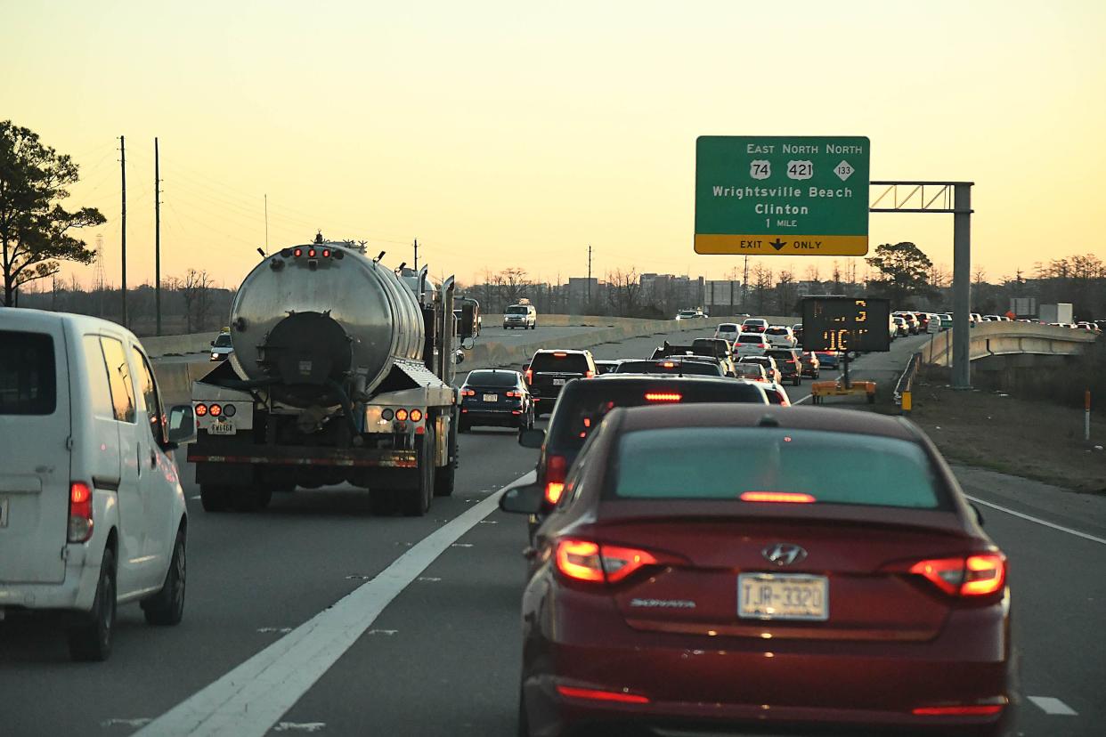 Traffic travels down 74/76 as the eastbound lanes of the Cape Fear Memorial Bridge are closed to traffic Jan. 30, 2024, as the next phase of a months-long preservation project begins. KEN BLEVINS/STARNEWS