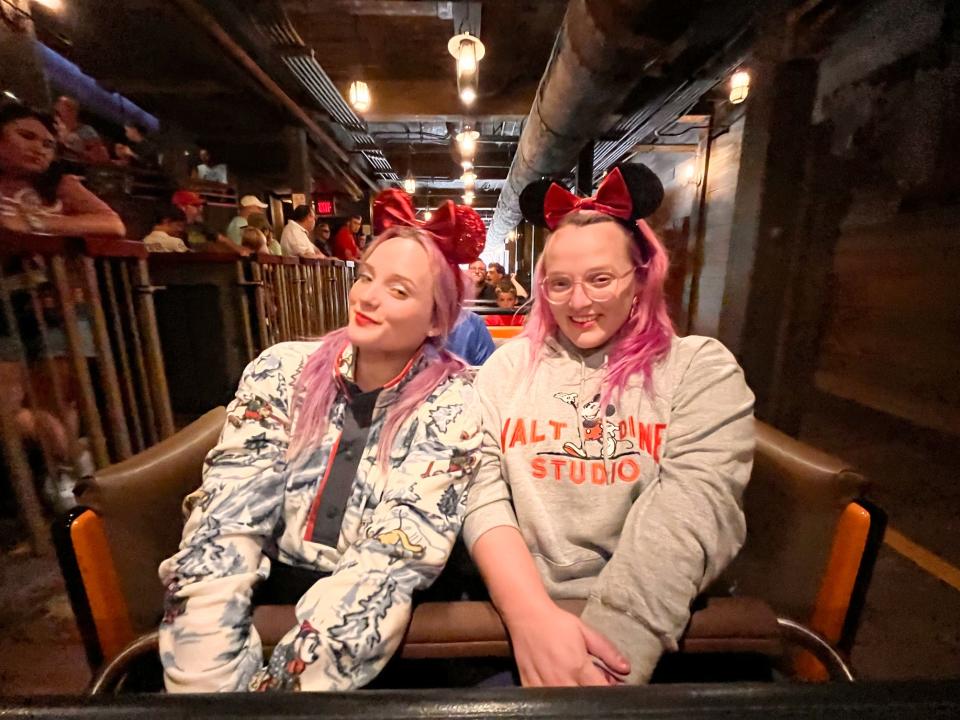 jenna and casey on the ride vehicle for thunder mountain in magic kingdom at disney world