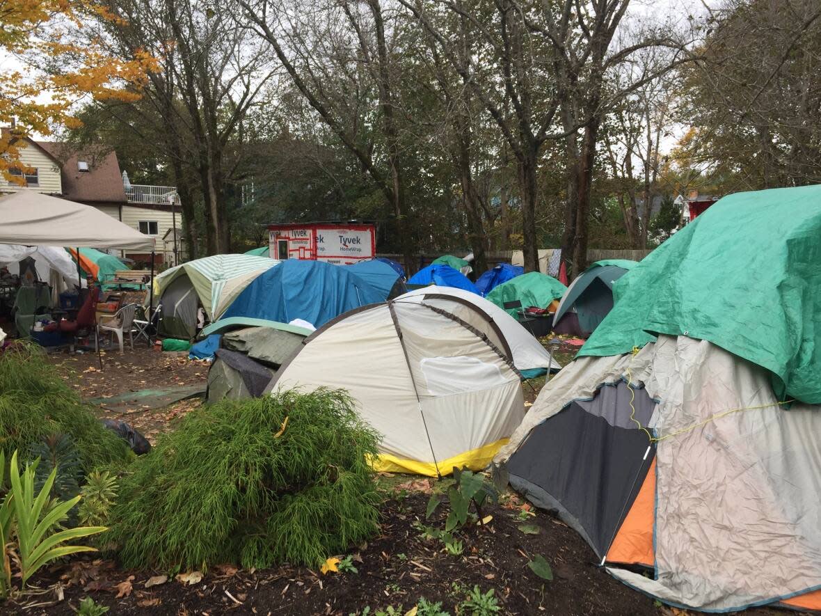 Meagher Park in Halifax is seen here in October. Some people staying in the park in tents and other shelters are expected to transition into modular housing units. (Gareth Hampshire/CBC - image credit)