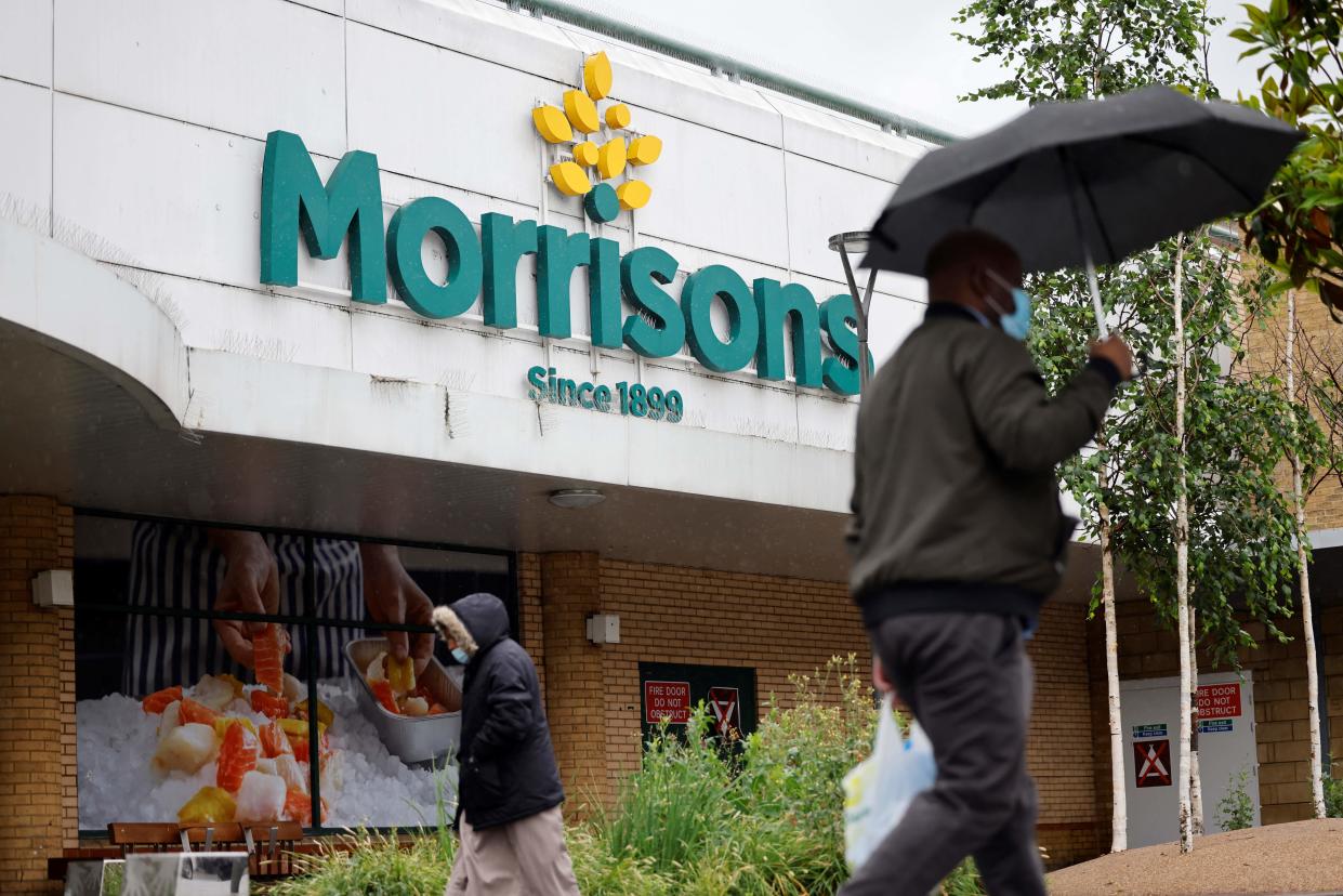 A view of a Morrisons supermarket in Stratford, east London on June 21, 2021. - Shares in British supermarket chain Morrisons surged today after it rejected a £5.5-billion ($7.6-billion, 6.4-billion-euro) takeover approach as too low. (Photo by Tolga Akmen / AFP) (Photo by TOLGA AKMEN/AFP via Getty Images)