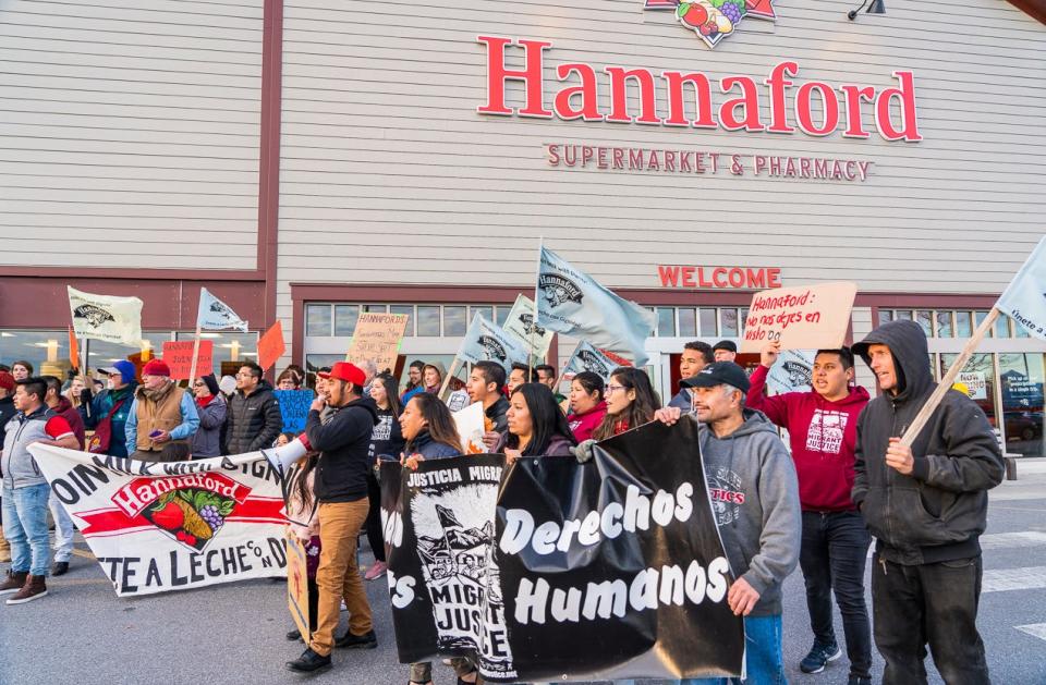 Migrant Justice campaigns outside of a Hannaford store, calling for the company to sign on to the Milk With Dignity program. The program, which Ben & Jerry's signed onto in 2017, requires companies to source their milk from farms that meet fair and safe labor standards.