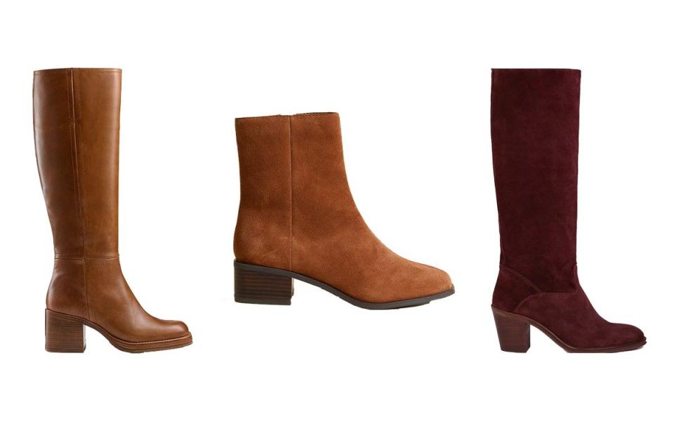 Leather boots, £395,Russell & Bromley; Suede block heel, £65, Marks & Spencer; Suede boots, £339, Penelope Chilvers