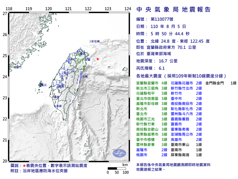 台灣東部海域早上5點50分發生規模6.1地震，，氣象局提醒，未來兩周恐有規模5餘震。(翻攝自氣象局)
