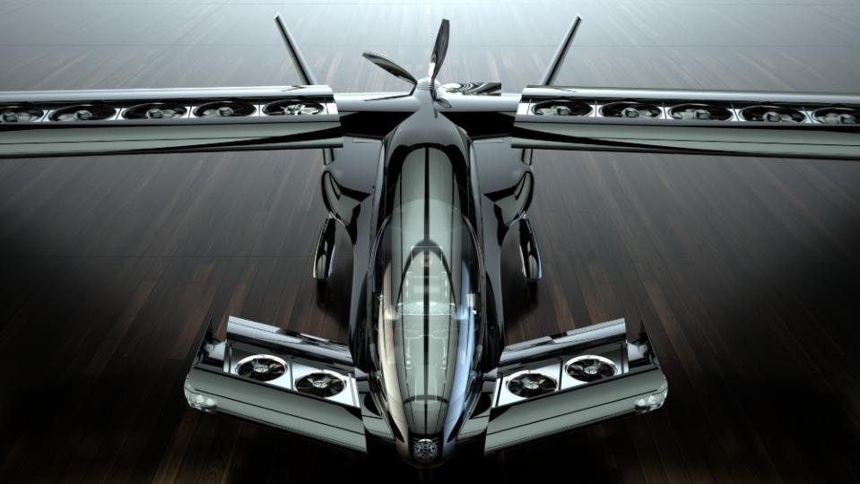 The exposed fans on the Cavorite X5 provide electric lift, but when it reaches altitude, the wings close up and the jet-fueled turbines power the rear propeller. - Credit: Courtesy Horizon Aviation