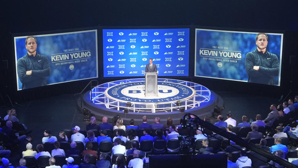 BYU introduces its new men's basketball head coach, Kevin Young, during a news conference Wednesday, April 17, 2024, in Provo, Utah. (AP Photo/Rick Bowmer)