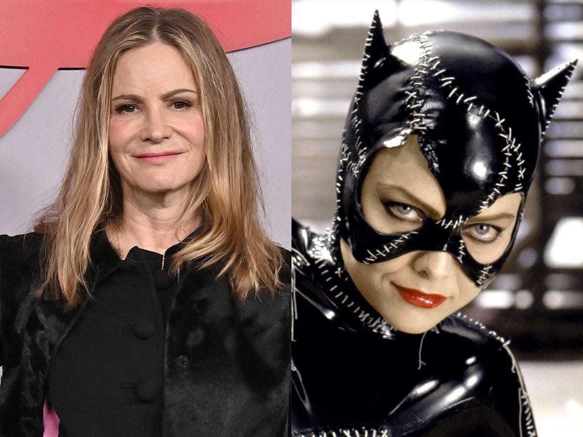 Jennifer Jason Leigh at FX's "Fargo" Year 5 Premiere at Nya Studios in Los Angeles, California, and Michelle Pfeiffer as Catwoman in "Batman Returns."