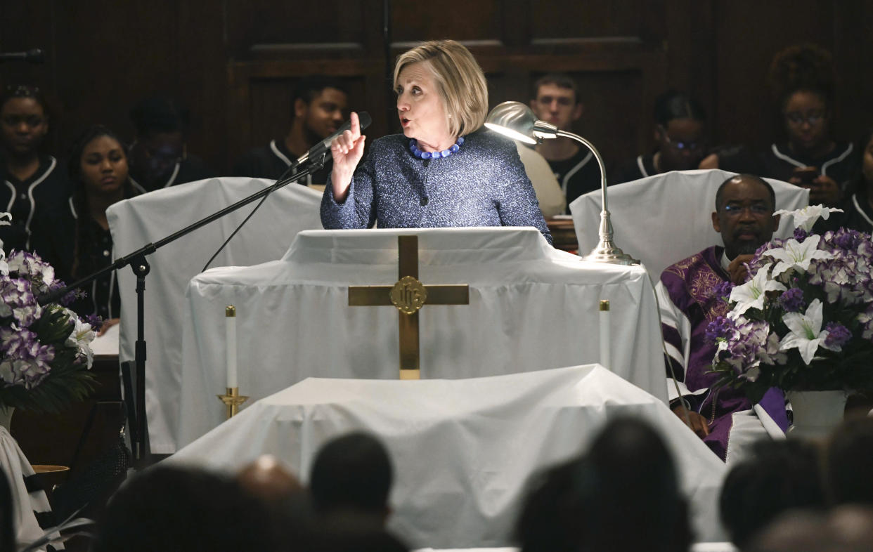Former Secretary of State Hillary Clinton speaks during a commemorative service marking the anniversary of "Bloody Sunday"  at Brown Chapel AME Church in Selma, Ala., Sunday, March 3, 2019. Several Democratic White House hopefuls are visiting one of America's seminal civil rights sites to pay homage to that legacy and highlight their own connections to the movement.  (AP Photo/Julie Bennett)