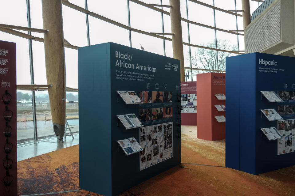 Advertising that the U.S. Census Bureau will use in their outreach campaign for the 2020 Census is displayed at the Arena Stage, Tuesday, Jan. 14, 2020, in Washington. (AP Photo/Michael A. McCoy)