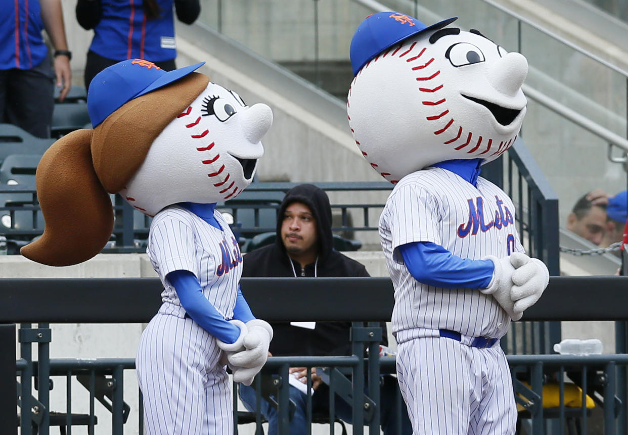 New York Mets mascots Mrs. Met and Mr. Met during a game at Citi Field. (Getty)