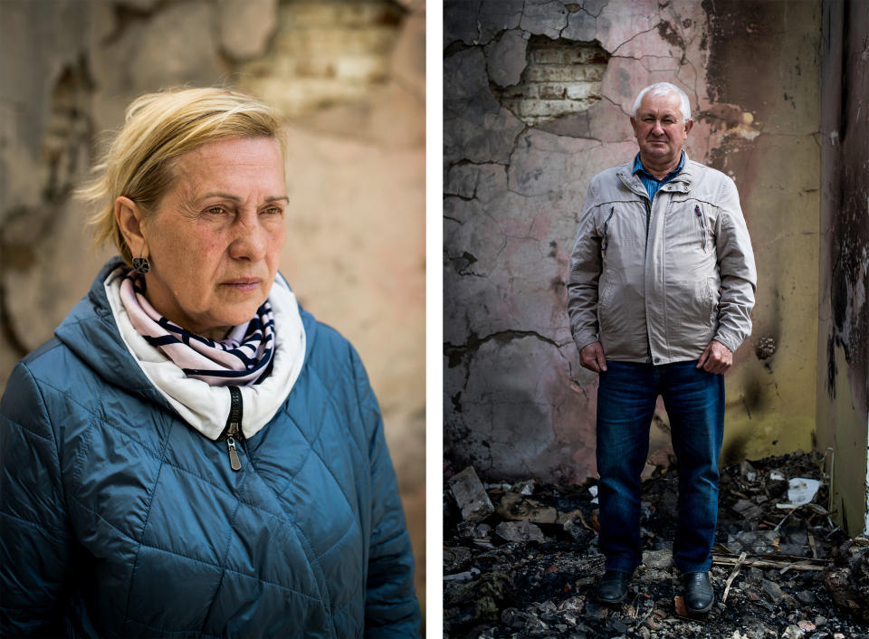 Nataliia Micay, Director of the Hryhorii Skovoroda Literary Memorial Museum, and Anatolii Eliseev, Mayor of the Zolochivskya Village Council of the Velikogorozhsky District, pose for portraits on May 19, 2022, in Skovorodynivka, Ukraine. (Pete Kiehart for NBC News)