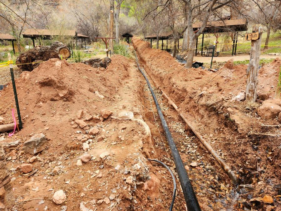 A view of new water distribution line being installed throughout Havasupai Gardens for the Transcanyon Waterline project at Grand Canyon National Park. (N. Powell / NPS)