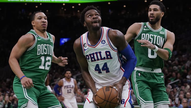 Philadelphia 76ers forward Paul Reed (44) during the first half of Game 2 in the NBA basketball Eastern Conference semifinals playoff series, Wednesday, May 3, 2023, in Boston. 