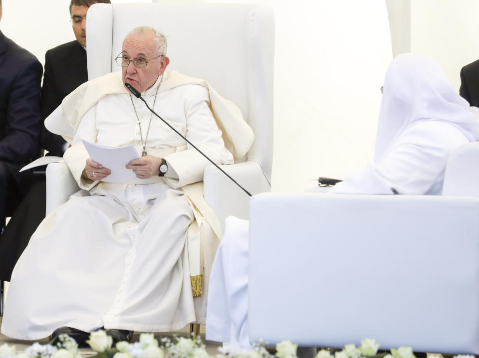 Pope Francis delivers his speech during an interreligious meeting near the archaeological area of the Sumerian city-state of Ur, 20 kilometers south-west of Nasiriyah, Iraq, Saturday, March 6, 2021. Ur is considered the traditional birthplace of Abraham, the prophet common to Muslims, Christians and Jews. Earlier today Francis met privately with the country's revered Shiite leader, Grand Ayatollah Ali al-Sistani. (AP Photo/Andrew Medichini)
