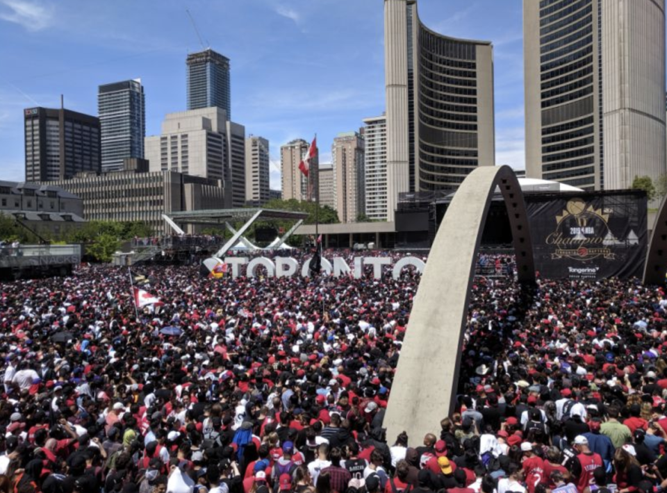 People gathered in Toronto to celebrate the Toronto Raptors' NBA championship victory.