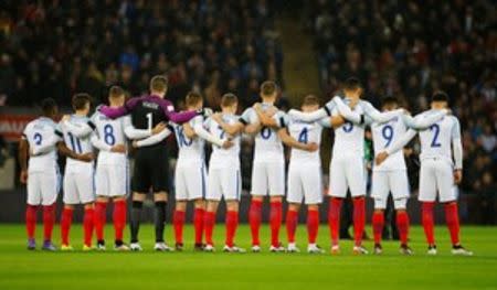 Football Soccer - England v Netherlands - International Friendly - Wembley Stadium, London, England - 29/3/16 The England team observe a silence before the game for the victims of recent attacks Reuters / Darren Staples Livepic