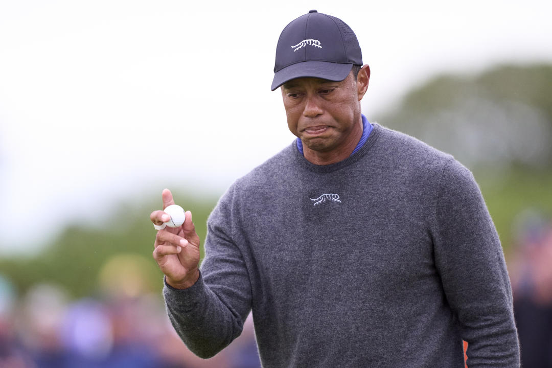 TROON, SCOTLAND - JULY 18: Tiger Woods of the United States stands on the 12th hole during the first day of the 152nd British Open Championship in Troon, Scotland on July 18, 2024. (Photo by Pedro Salado/Getty Images)