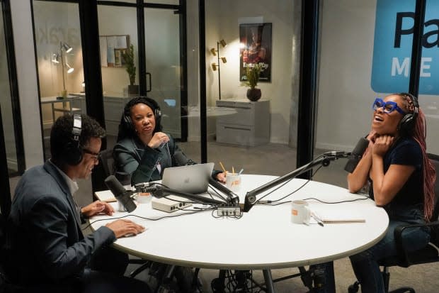 Phoebe's brother Jayden (Jordan Carlos), podcasting colleague/friend Malika and Phoebe chat in the studio.<p>Photo: Giovanni Rufino/Courtesy of Freeform</p>