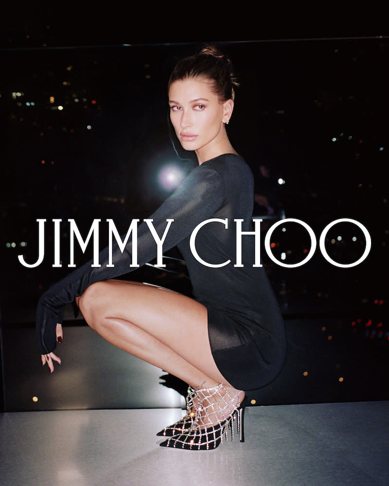 Hailey Bieber shows off Jimmy Choo’s winter 2021 collection. - Credit: Courtesy of Jimmy Choo