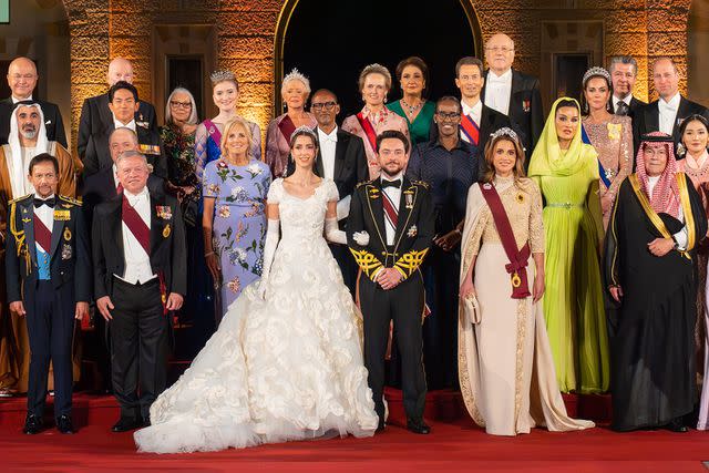 <p>Royal Hashemite Court</p> A group photo of royal guests at Crown Prince Hussein's wedding to Rajwa Alseif on June 1.